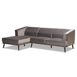 Baxton Studio Morton Mid-Century Modern Contemporary Grey Velvet Fabric Upholstered and Dark Brown Finished Wood Sectional Sofa with Left Facing Chaise